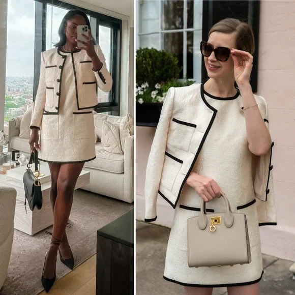 VERONICA BEARD Darla Jacquard Contrast Trim Jacket Size 10 Ivory Black - Picture 5 of 16